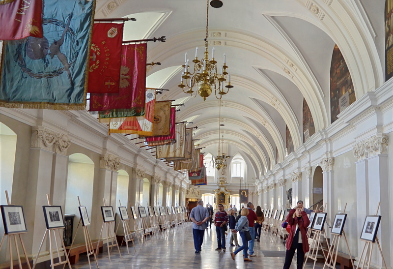 10 -The historic Knights' Hall (Sala Rycerska) inside the Jasna Góra Monastery in Częstochowa, decorated with historical military banners and frequently hosts art exhibitions and visitor displays